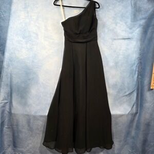 Azazie Black One Shoulder Chiffon Floor Length Gown Formal Dress A0 Womens